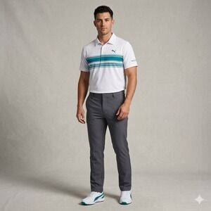 Puma Mens The Players Championship Golf Polo Shirt White Teal Pink Striped M